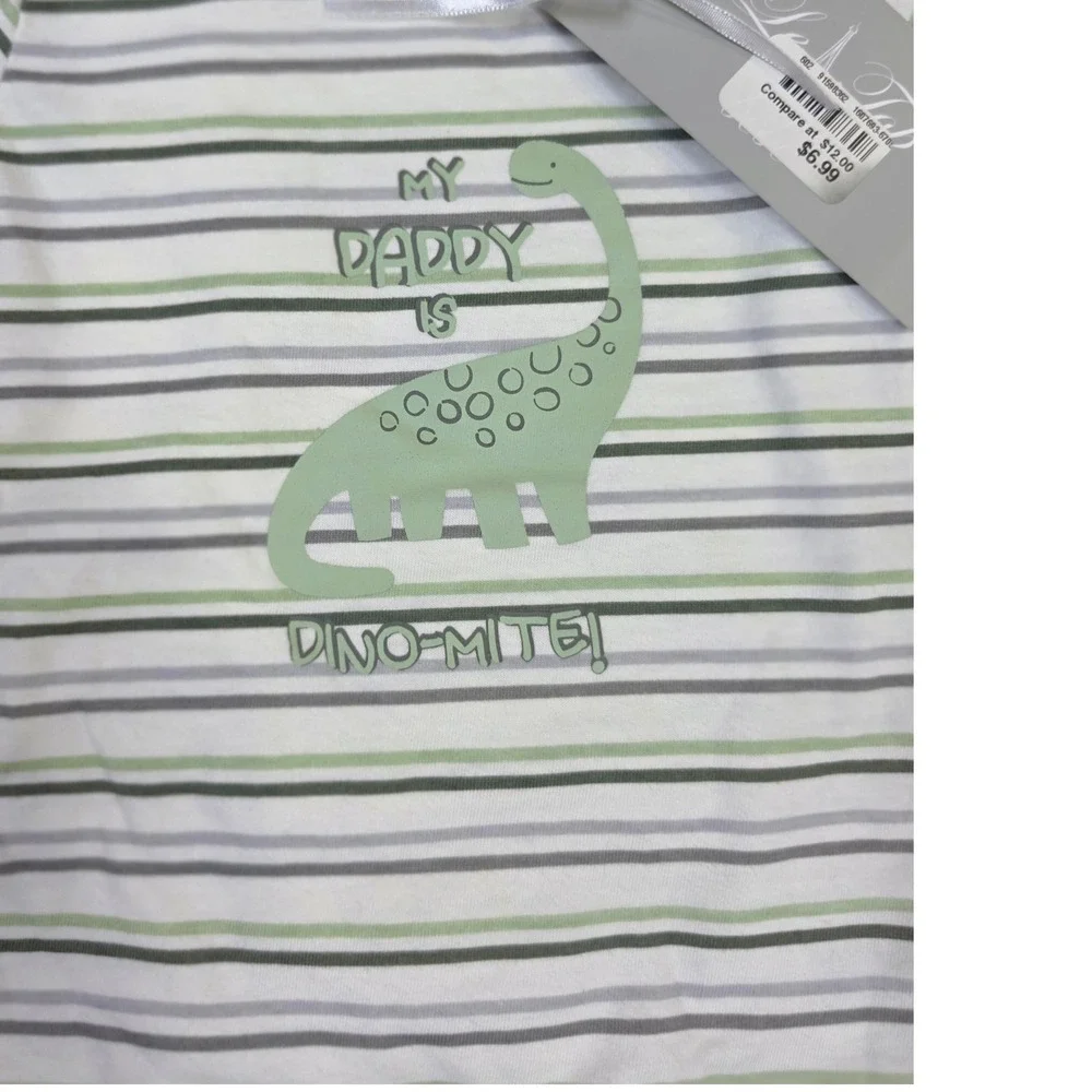 Le Top Bebe 0-3M 2 Pack Dinosaur Rompers Green White Striped PT2100007 NWT